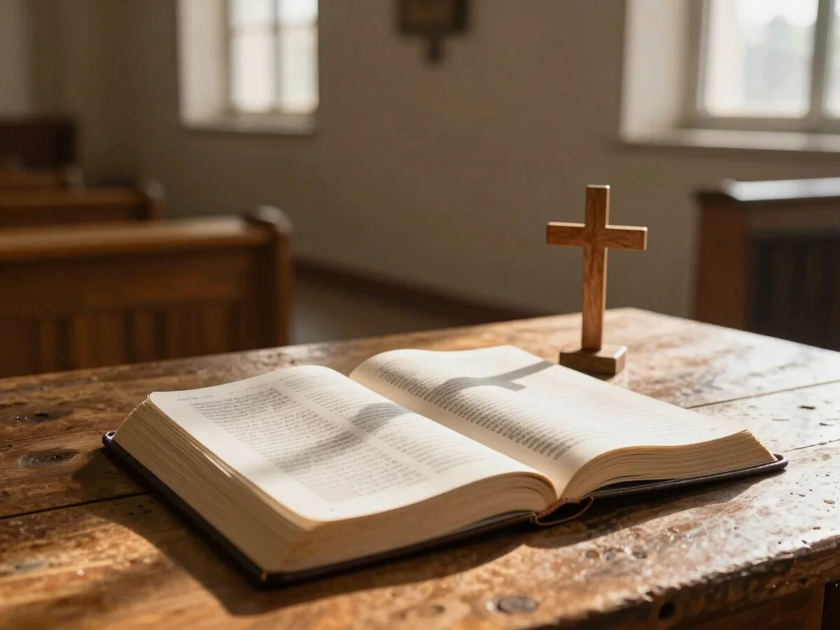 Serene open bible and wooden cross on a rustic table with soft morning light streaming in