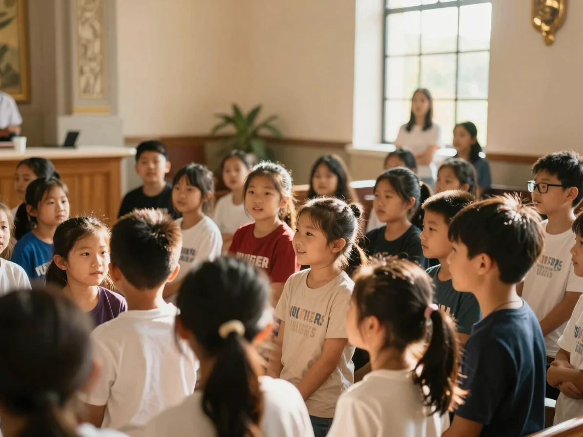 Volunteers and children gathered outdoors in warm natural sunlight, joyful candid moment