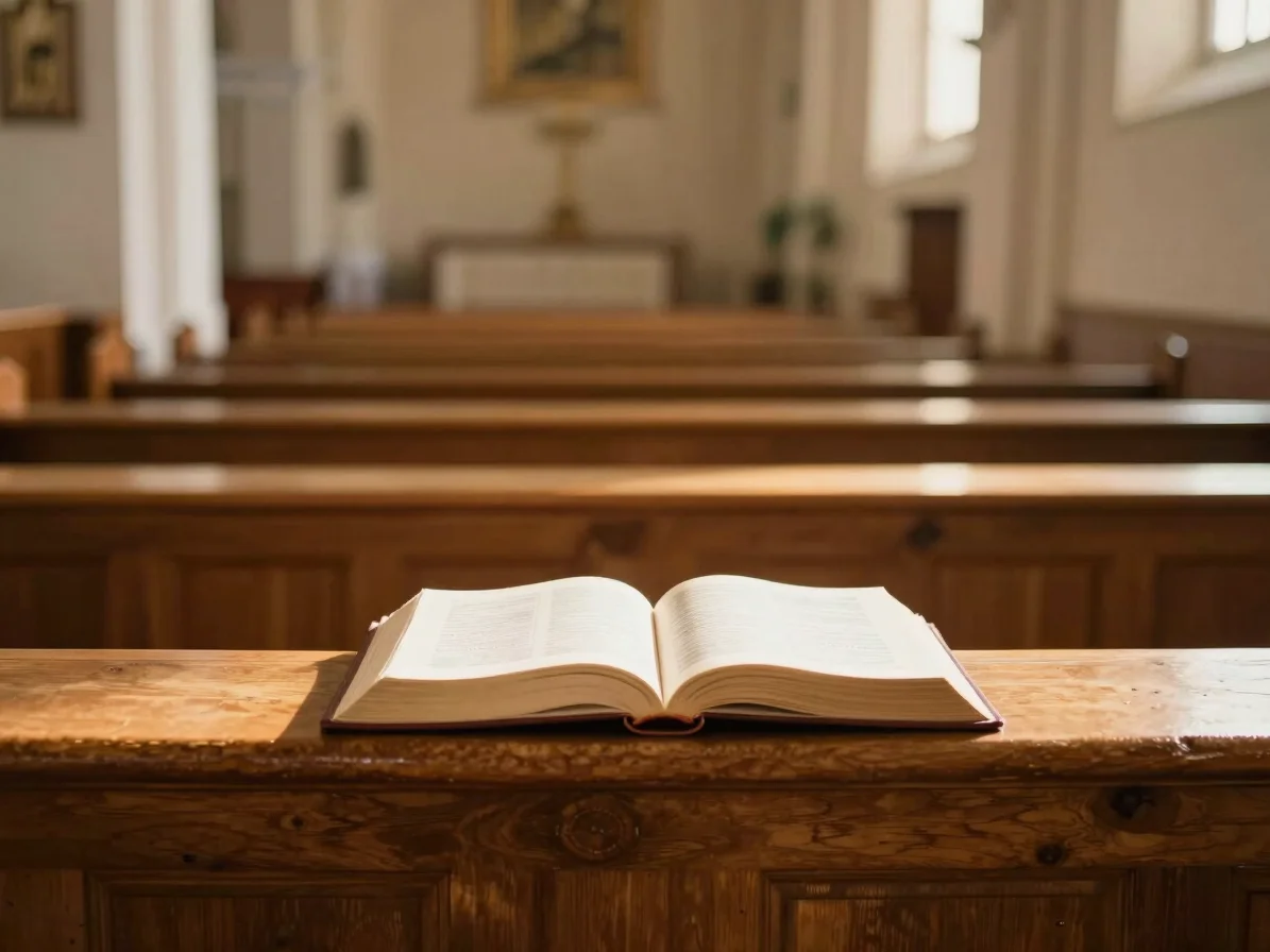 A serene church sanctuary with warm natural sunlight, a single bible open on a wooden pew, gentle golden tones, 35mm len