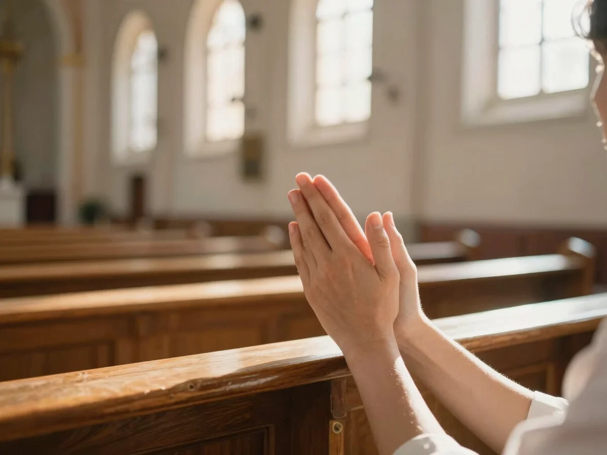 A warm, sunlit church interior, a close-up of hands clasped in prayer, soft focus, natural light, 35mm lens.