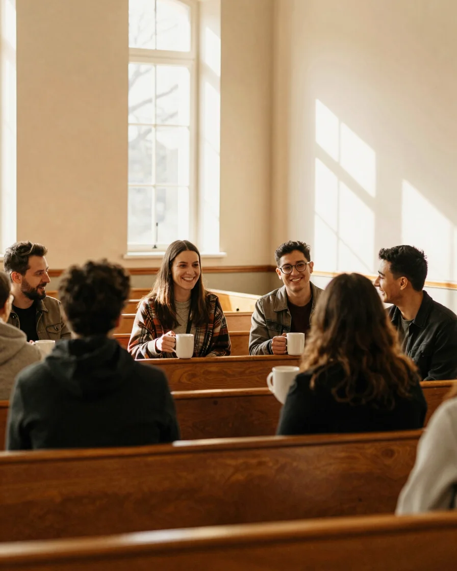 Warm natural sunlight streaming into a serene church fellowship hall, a small group of believers smiling and talking ove