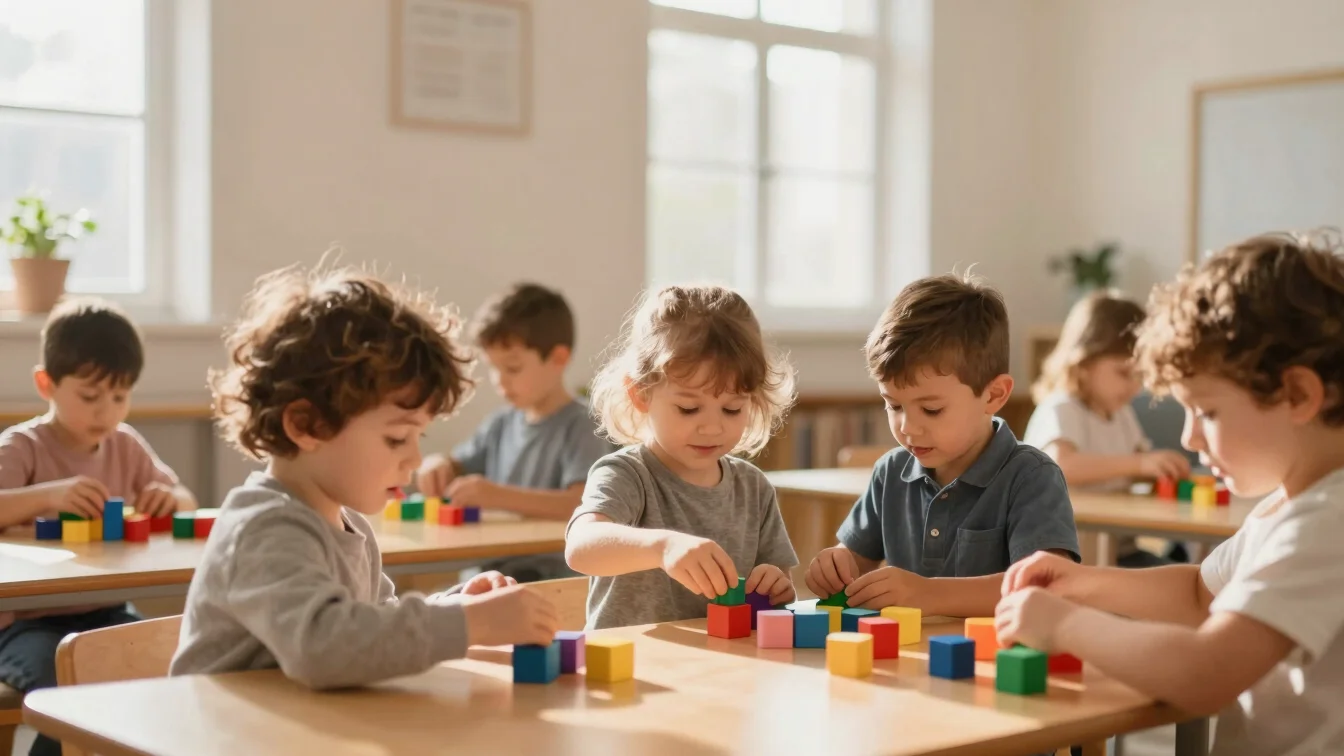 Joyful toddler group activity in a bright church classroom, soft natural sunlight, children playing with colorful blocks