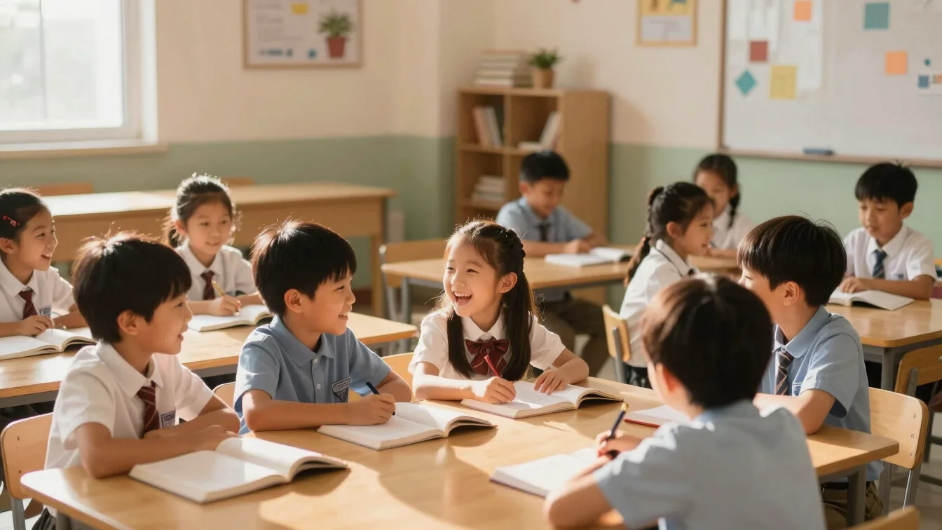Group of elementary school children engaged in a Bible study, laughing and interacting, warm natural sunlight, clean chu