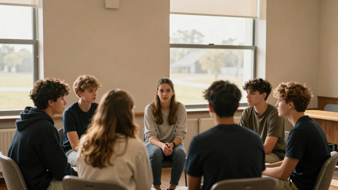 Teenagers in a small group discussion, sharing and listening, warm natural light streaming through windows, modern churc