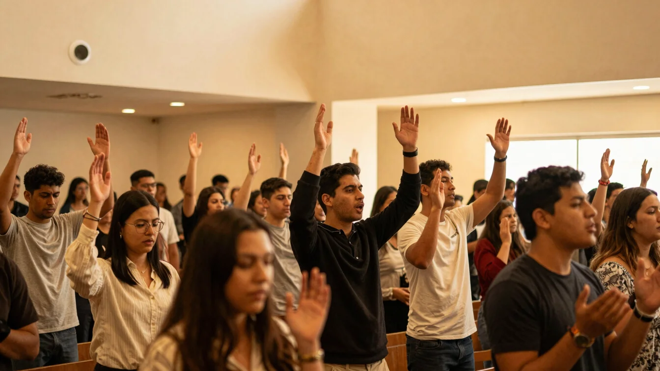 Young adults in a vibrant worship session, hands raised, warm golden light, contemporary church setting, candid shot, wa