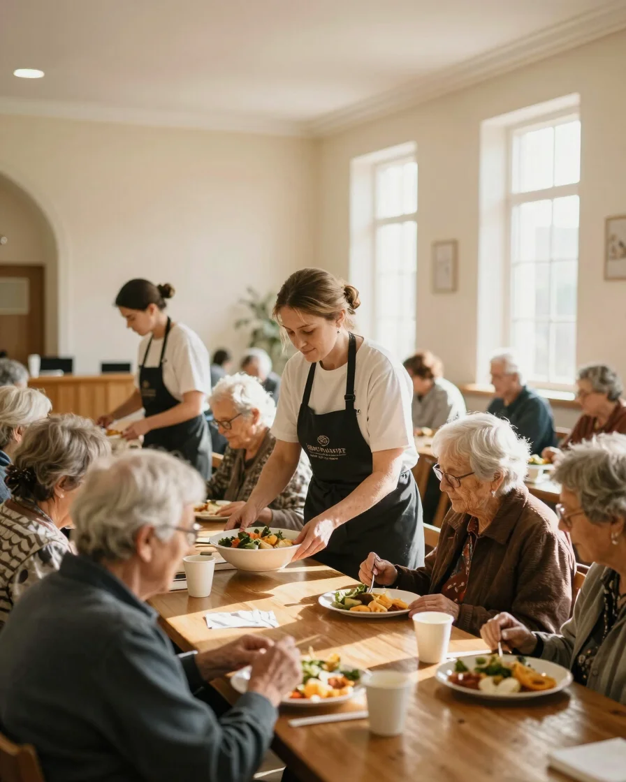 Warm editorial photo of church volunteers serving healthy meals to community elders in a sunlit hall, 35mm lens