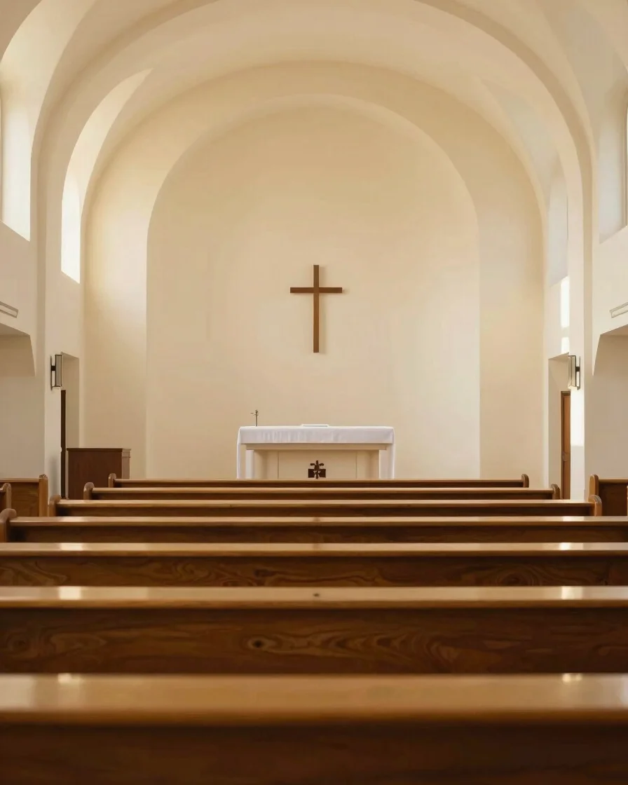 Wide panoramic serene church sanctuary interior bathed in soft natural morning sunlight, gentle golden tones, clean inte
